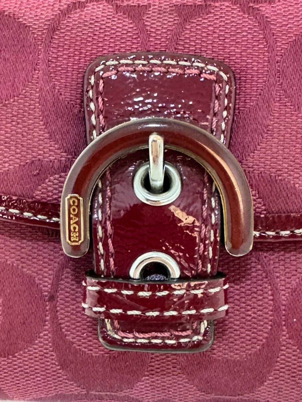 Coach Signature Burgundy Jacquard Buckle Wallet Patent Leather